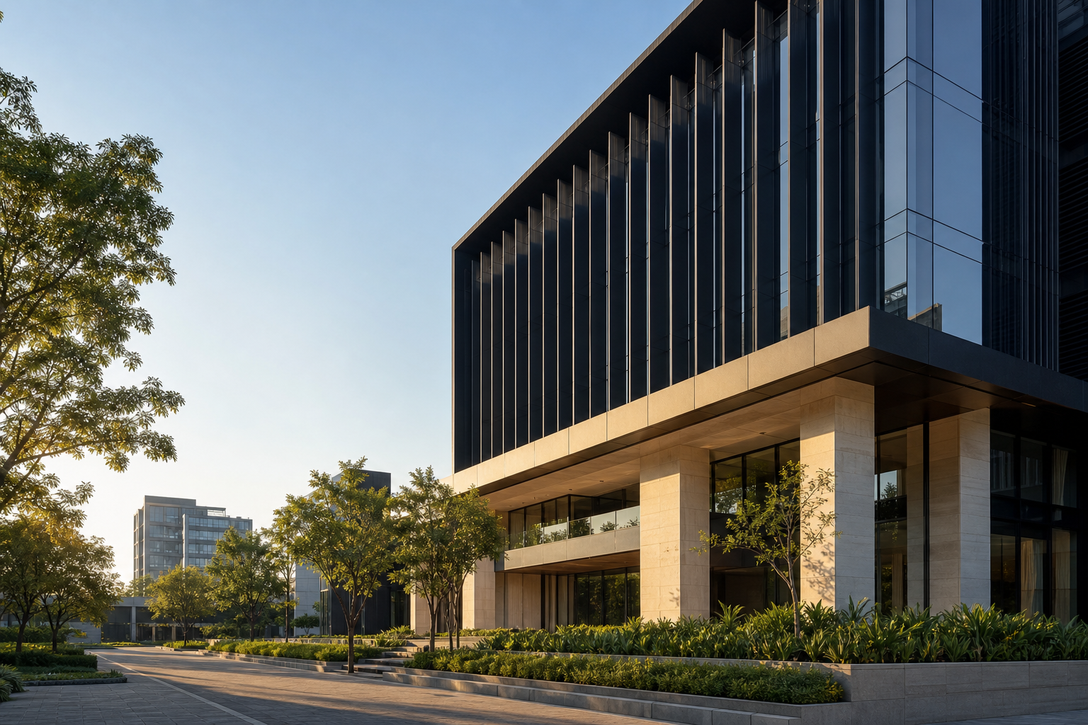 Contemporary commercial building with glass and steel facade