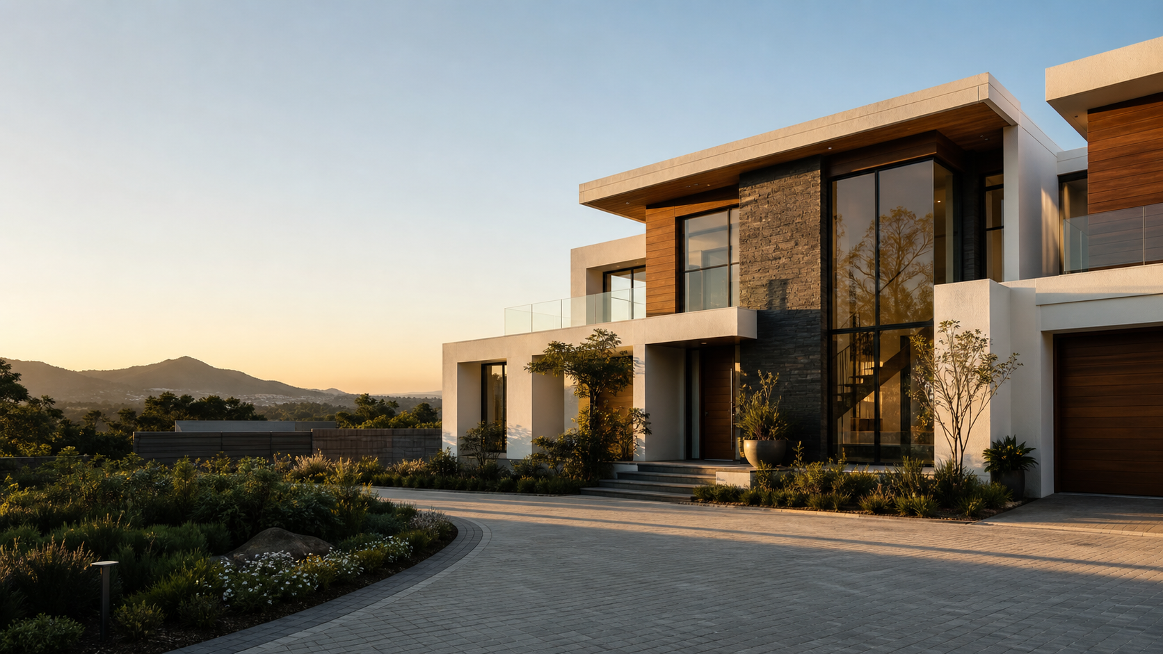 Modern Devoe-style residential estate at golden hour